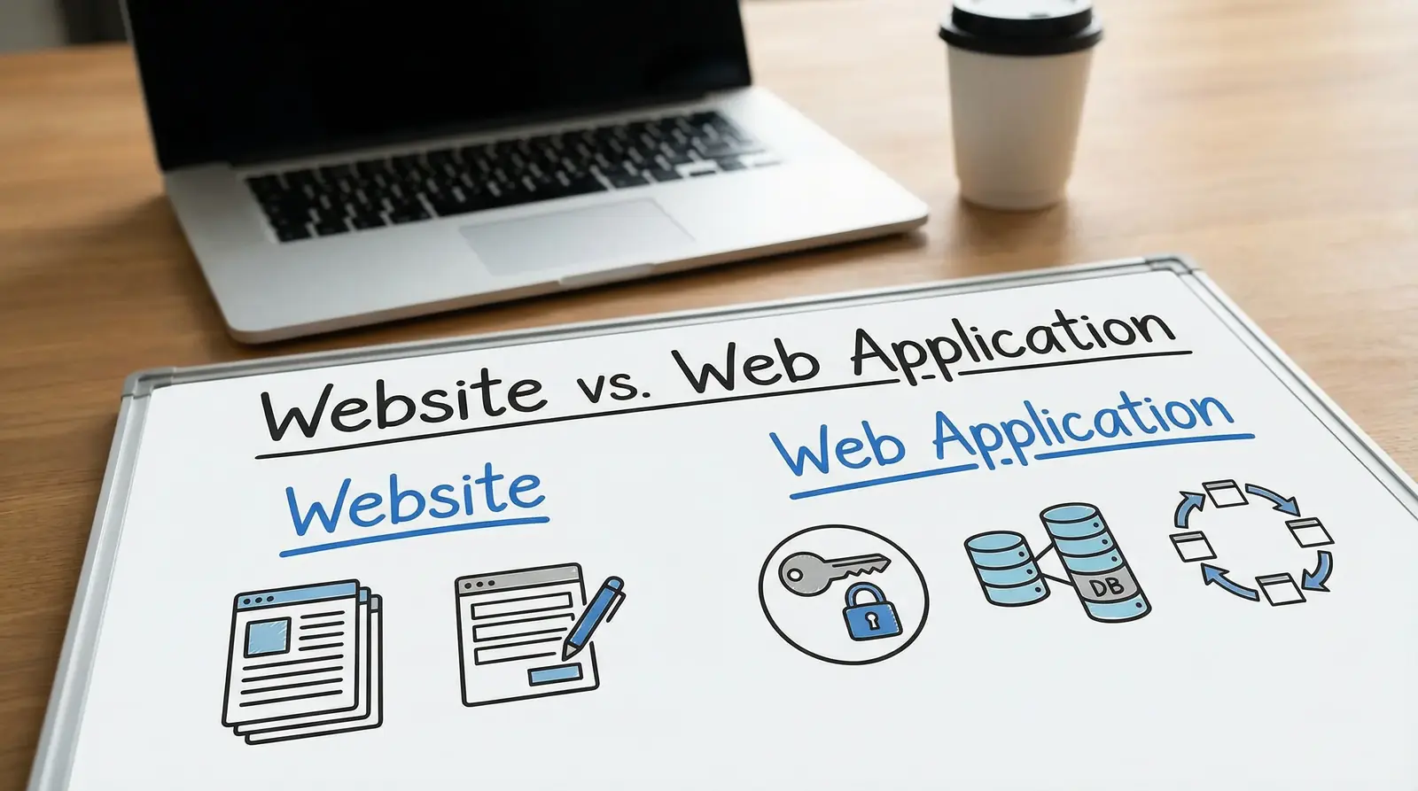 A simple comparison diagram showing Website on the left and Web Application on the right, with icons for content pages and lead forms on the website side, and icons for login, database, and workflows on the web app side.